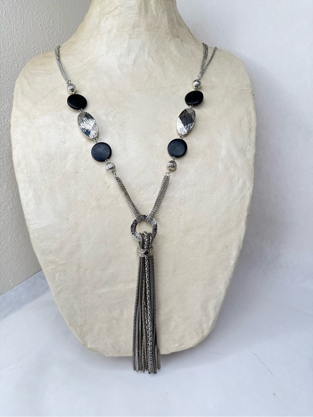 El by Erikas Lyons 22” Silver and Black Disc Tassel Necklace